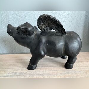 Black Winged Cast Iron Pig Figurine Door Stopper/Accent/Paperweight